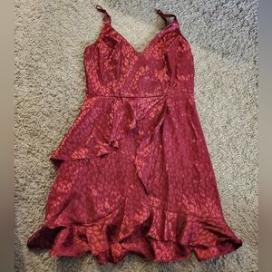 Altar'd State Maroon Satiny Animal Print Dress With Ruffles - Size M